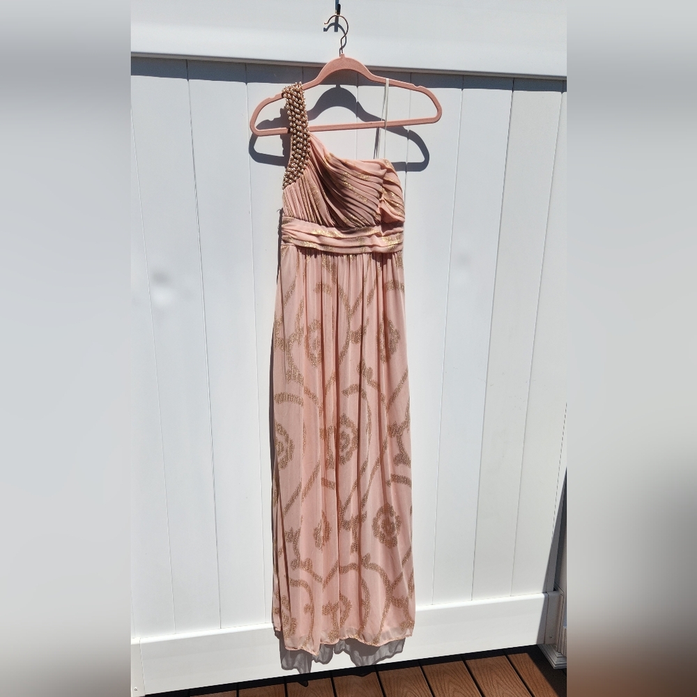 City Studio Greecian Prom Dress | Y2K Formal Dress | Blush and Gold One Shoulder